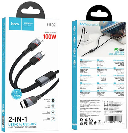 Cablu Date si Incarcare USB-C - 2 x USB-C HOCO U139 2in1, 100W, 1.2m, Negru
