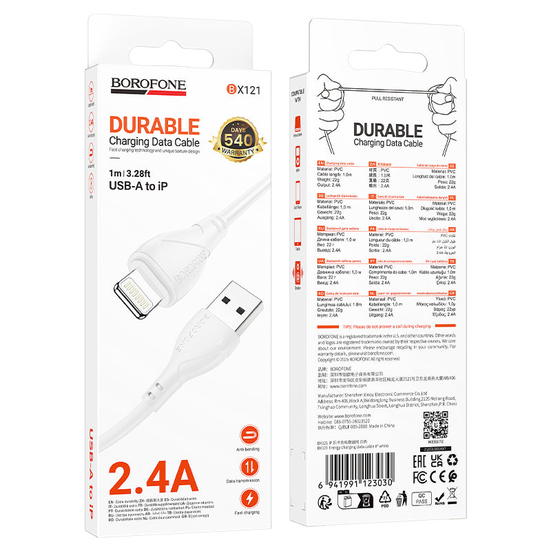Cablu Date si Incarcare USB-A - Lightning Borofone BX121 Energy, 18W, 1m, Alb