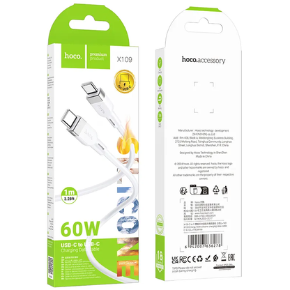 Cablu Date si Incarcare USB-C - USB-C HOCO X109, 60W, 1m, Alb