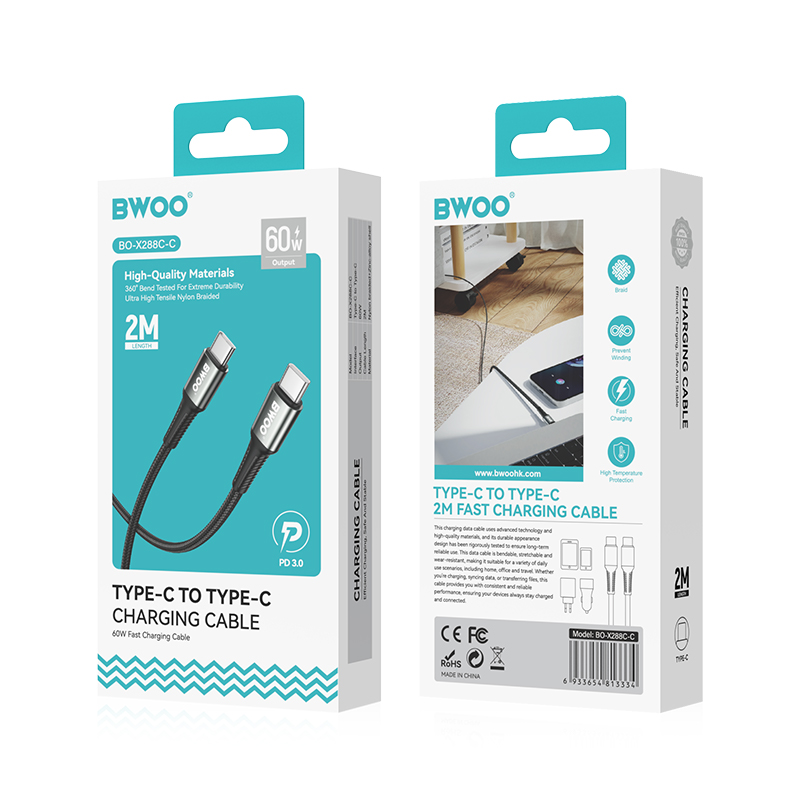 Cablu Date si Incarcare USB-C - USB-C BWOO BO-X288C-C, 60W, 1m, Negru