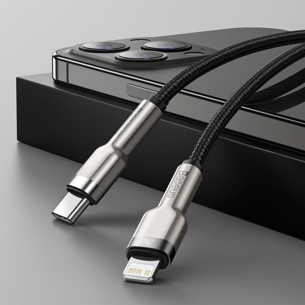 Cablu Date si Incarcare USB-C - Lightning Baseus Cafule Metal Series, 20W, 2m, Negru CATLJK-B01