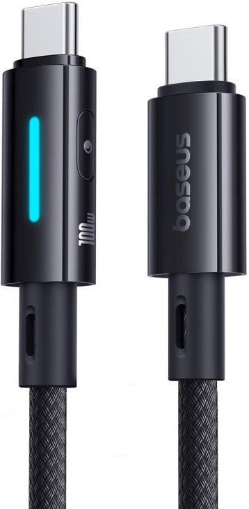 Cablu Date si Incarcare USB-C - USB-C Baseus Lit Button Control, 100W, 2m, Negru P10379000121-01