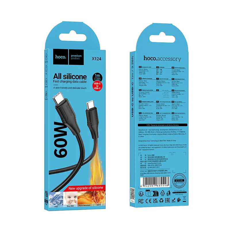 Cablu Date si Incarcare USB-C - USB-C HOCO X124, 60W, 1m, Negru