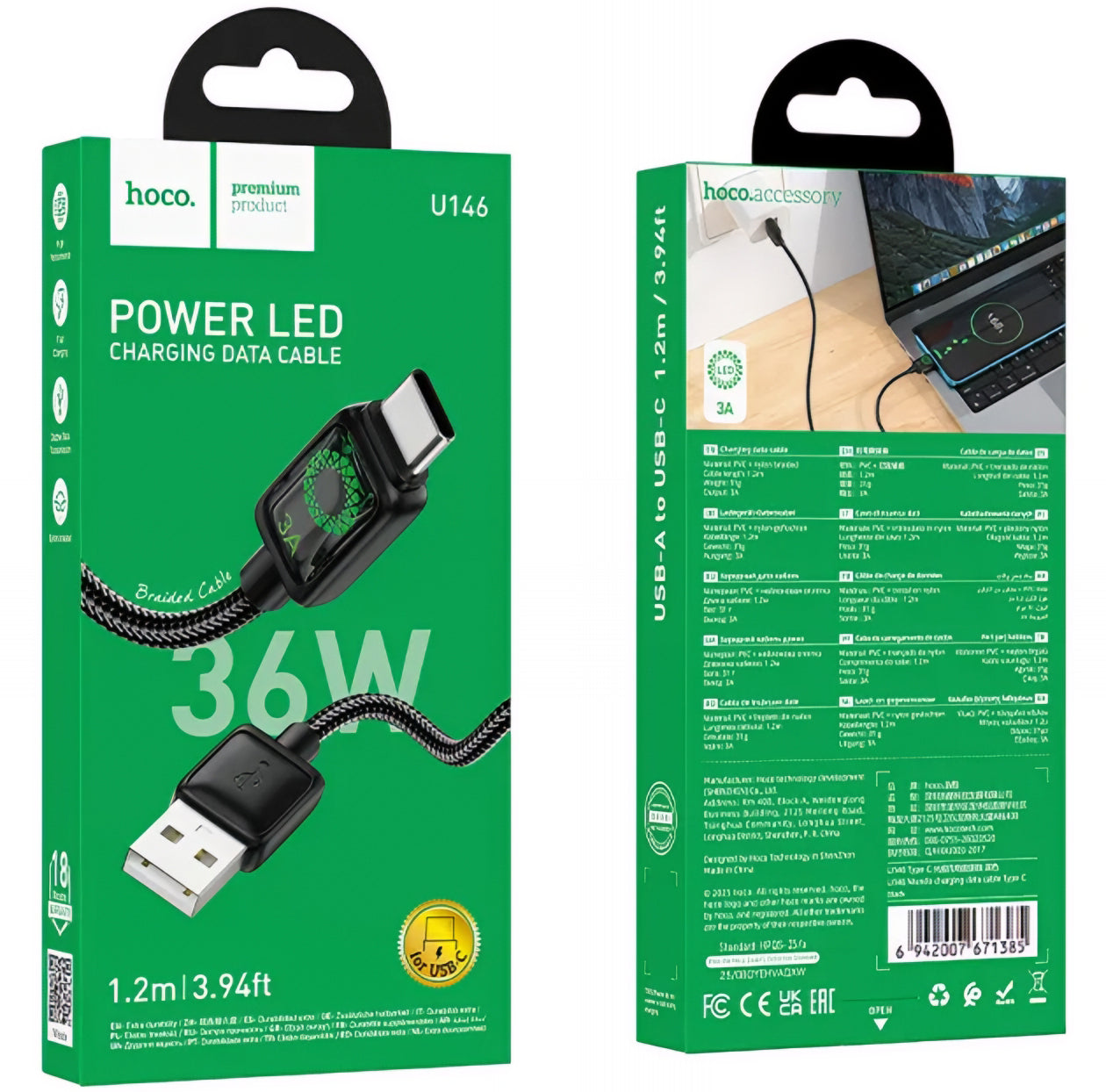 Cablu Date si Incarcare USB-A - USB-C HOCO U146, 36W, 1.2m, Negru