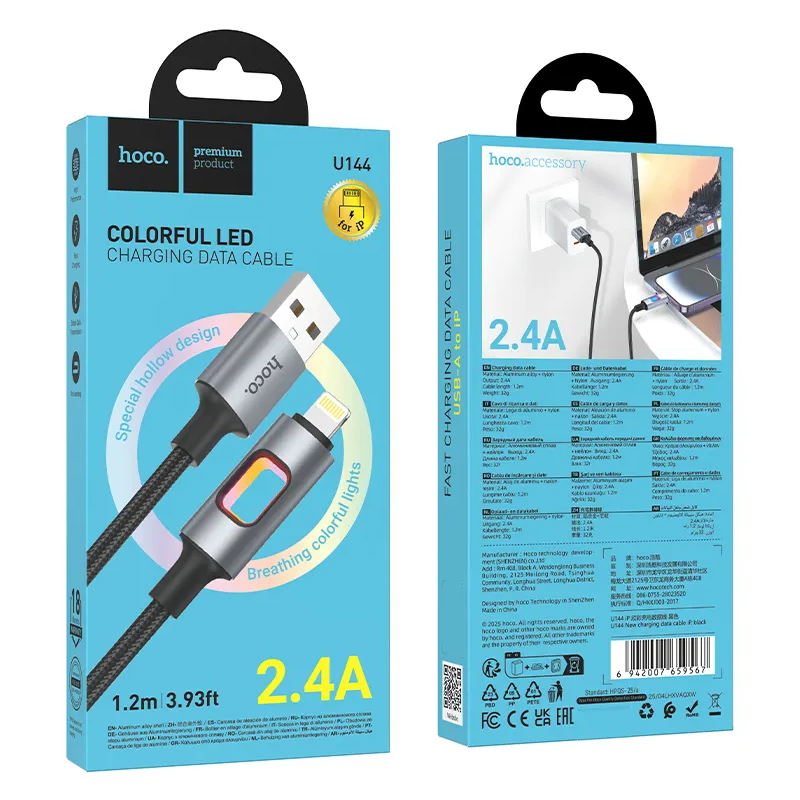Cablu Date si Incarcare USB-A - Lightning HOCO U144 Led, 18W, 1.2m, Negru