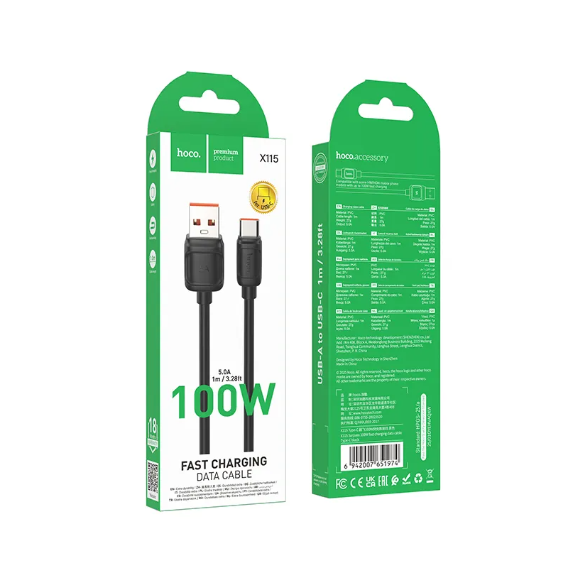 Cablu Date si Incarcare USB-A - USB-C HOCO X115, 100W, 1m, Negru