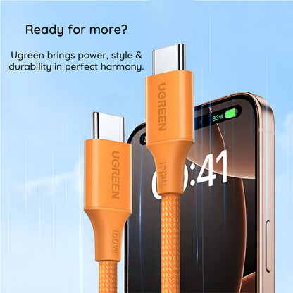 Cablu Date si Incarcare USB-C - USB-C UGREEN L502, 100W, 1m, Portocaliu