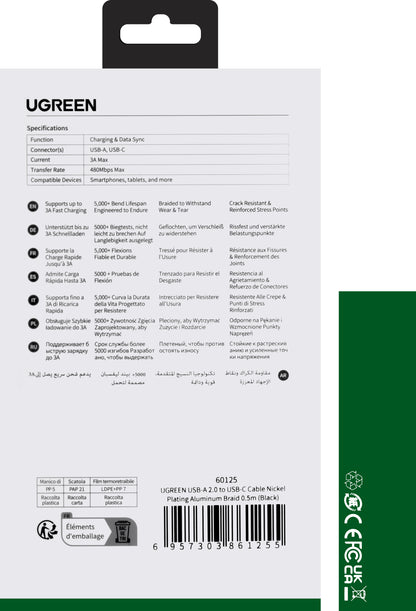 Cablu Date si Incarcare USB-A - USB-C UGREEN US288, 18W, 0.5m, Negru