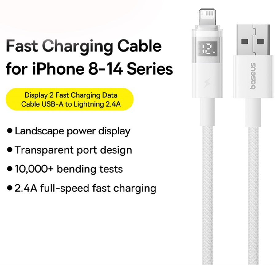 Cablu Date si Incarcare USB-A - Lightning Baseus Display 2, 18W, 2m, Alb P10382700211-01