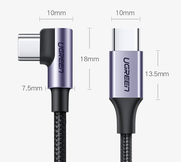 Kabel USB-C do ładowania i transmisji danych - USB-C UGREEN US255 USB-C Angled, 60W, 1m, szary