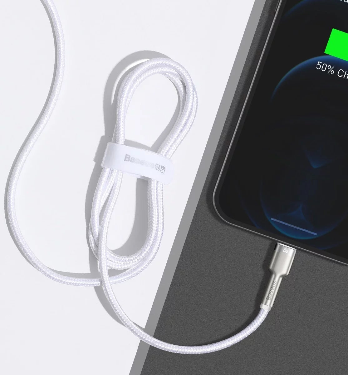 Cablu Date si Incarcare USB-C - Lightning Baseus Cafule Metal Series, 20W, 2m, Alb CATLJK-B02