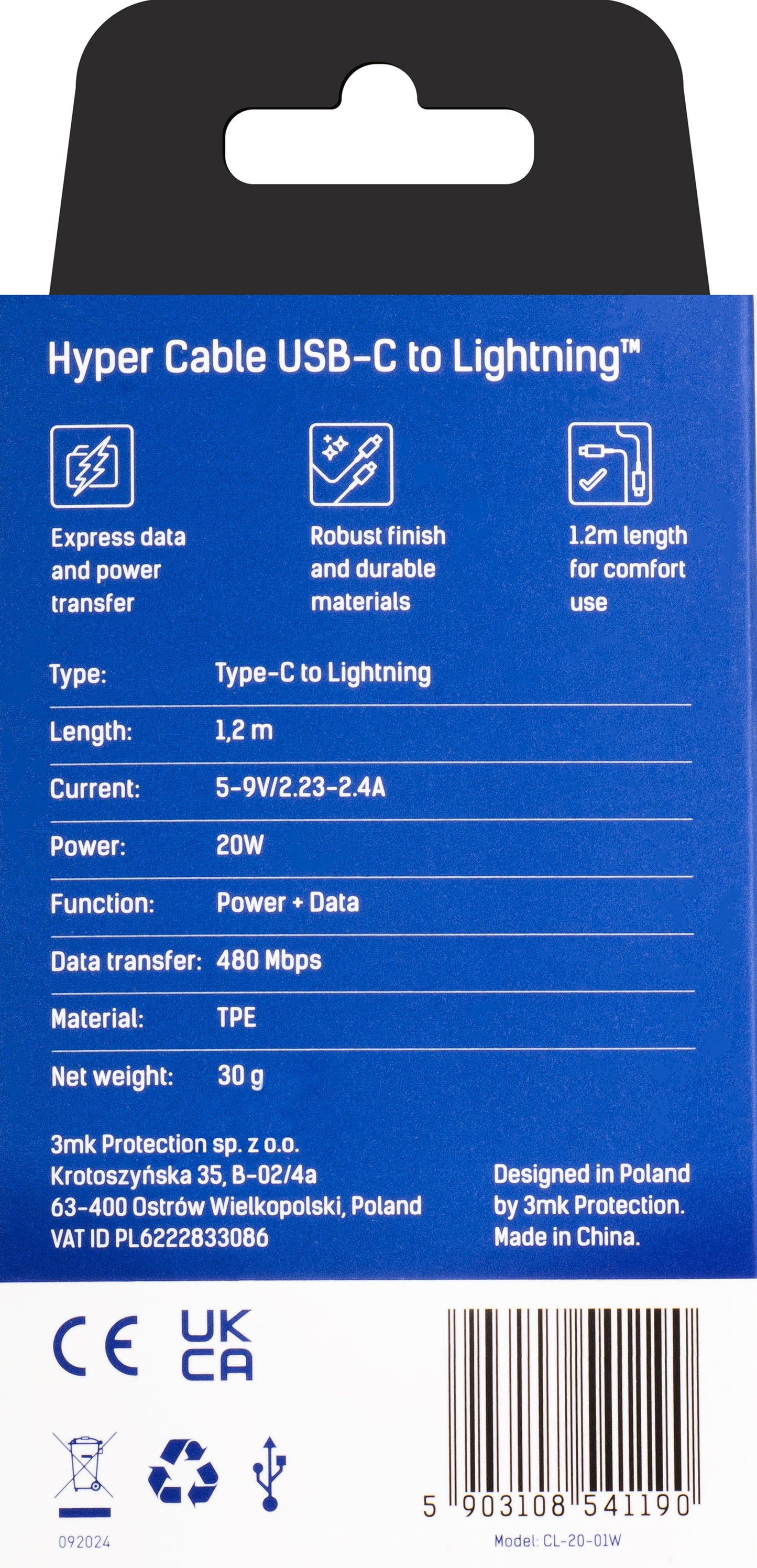 Cablu Date si Incarcare USB-C - Lightning 3MK Hyper, 20W, 1.2m, Alb