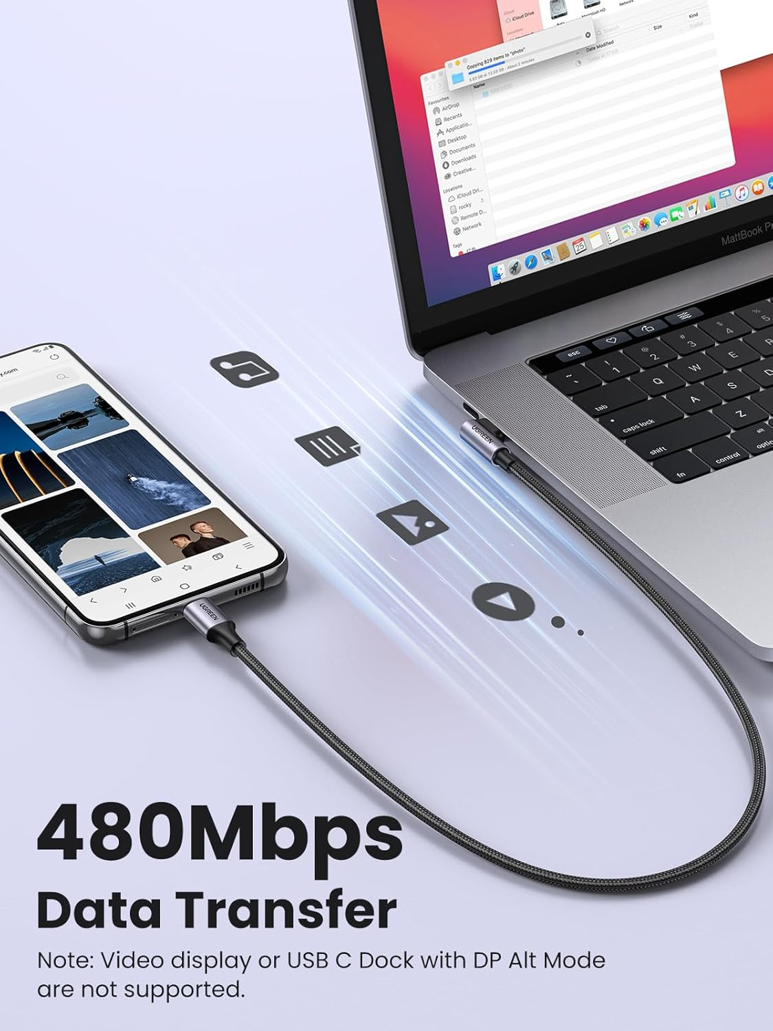 Cablu Date si Incarcare USB-C - USB-C UGREEN US255 Angled, 60W, 3m, Gri