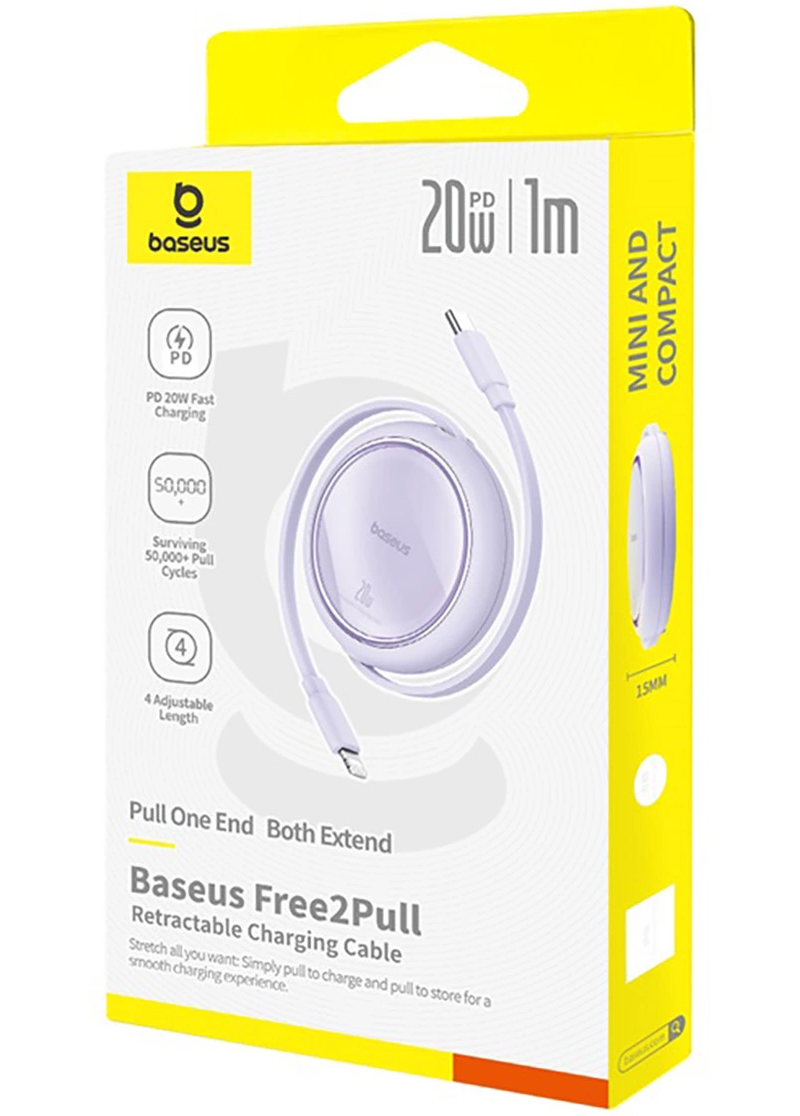 Cablu Date si Incarcare USB-C - Lightning Baseus Free2Pull Mini Retractable, 20W, Mov P10364501511-00