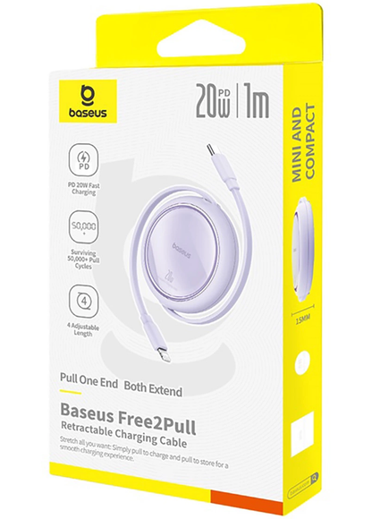 Cablu Date si Incarcare USB-C - Lightning Baseus Free2Pull Mini Retractable, 20W, Mov P10364501511-00