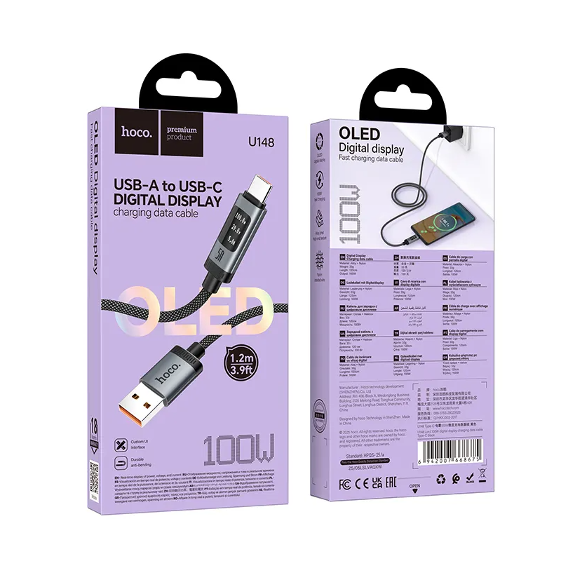 Cablu Date si Incarcare USB-A - USB-C HOCO Display U148, 100W, 1.2m, Negru