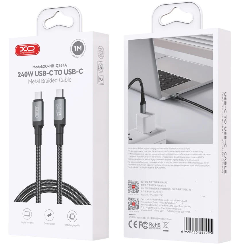 Cablu Date si Incarcare USB-C - USB-C XO Design NB-Q264A, 240W, 1m, Negru