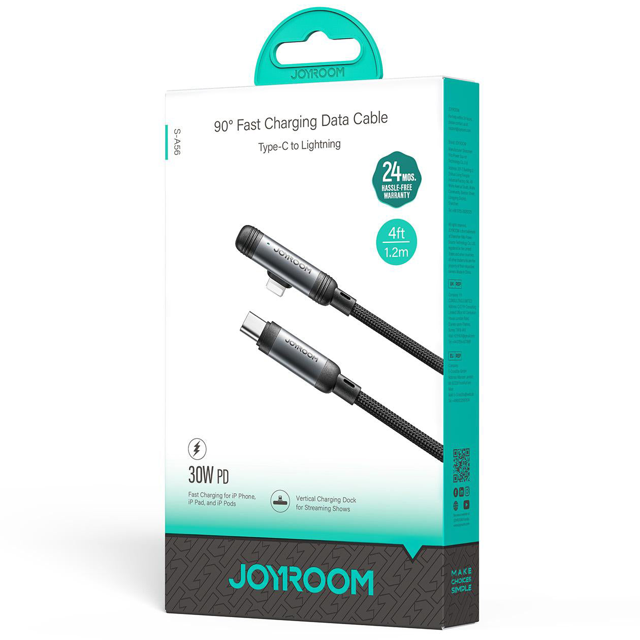 Cablu Date si Incarcare USB-C - Lightning Joyroom S-A56 EnjoyX Angled, 30W, 1.2m, Negru