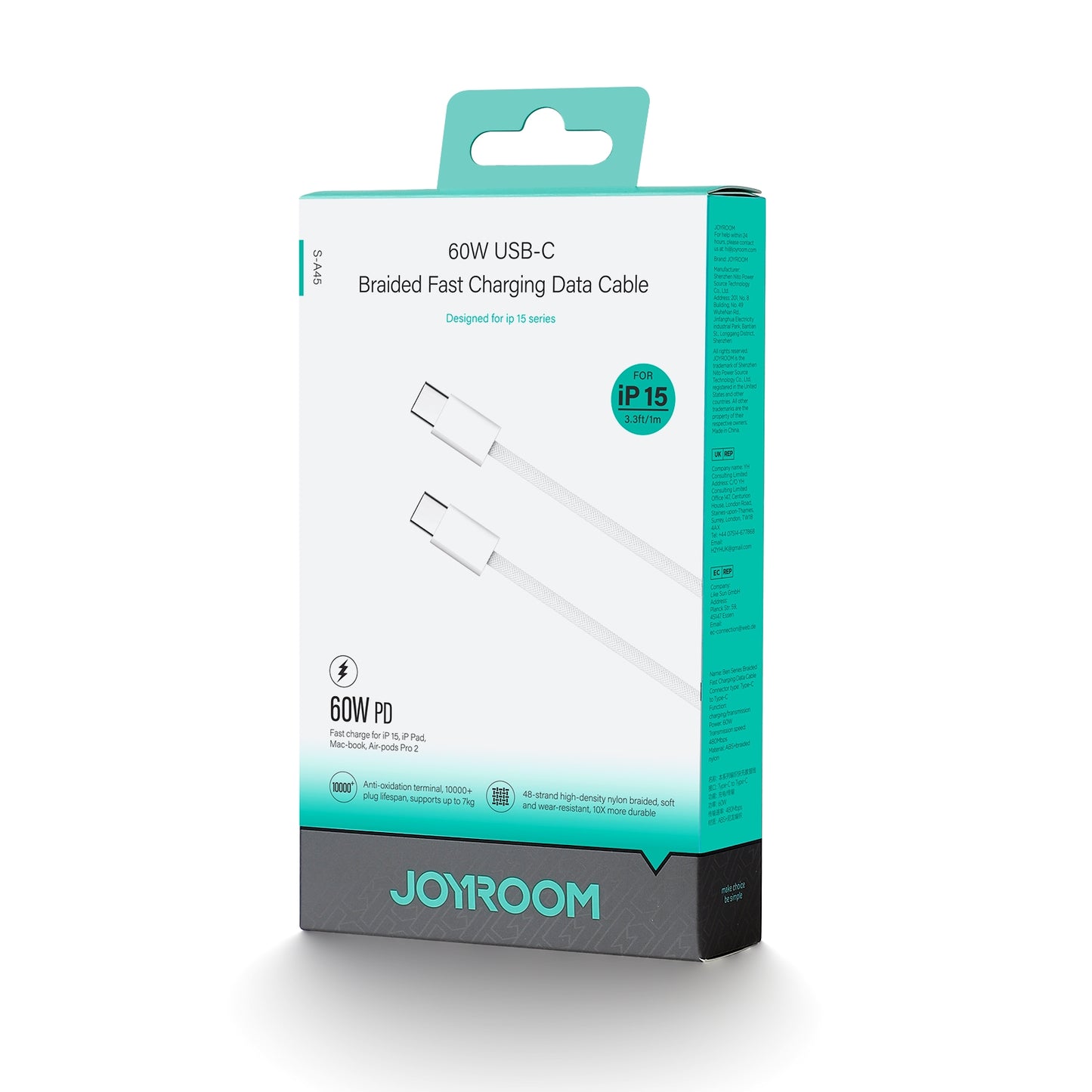 Cablu Date si Incarcare USB-C - USB-C Joyroom S-A45, 60W, 1m, Alb