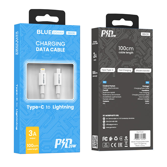 Cablu Date si Incarcare USB-C - Lightning BLUE Power BBX36, 18W, 1m, Alb