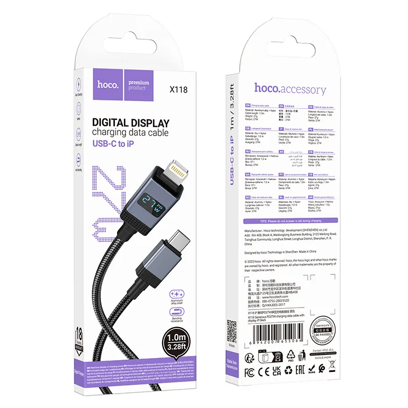 Cablu Date si Incarcare USB-C - Lightning HOCO X118 Display, 27W, 1m, Negru