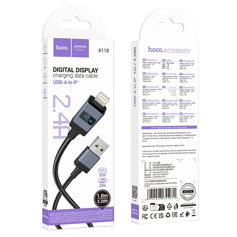Cablu Date si Incarcare USB-A - Lightning HOCO X118 Display, 12W, 1m, Negru