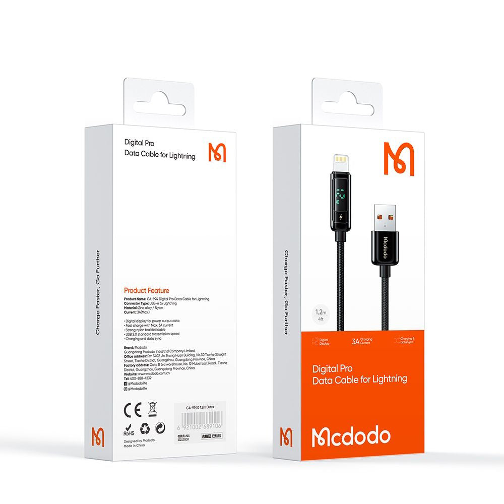 Cablu Date si Incarcare USB-A - Lightning McDodo CA-9940 Display, 12W, 1.2m, Negru