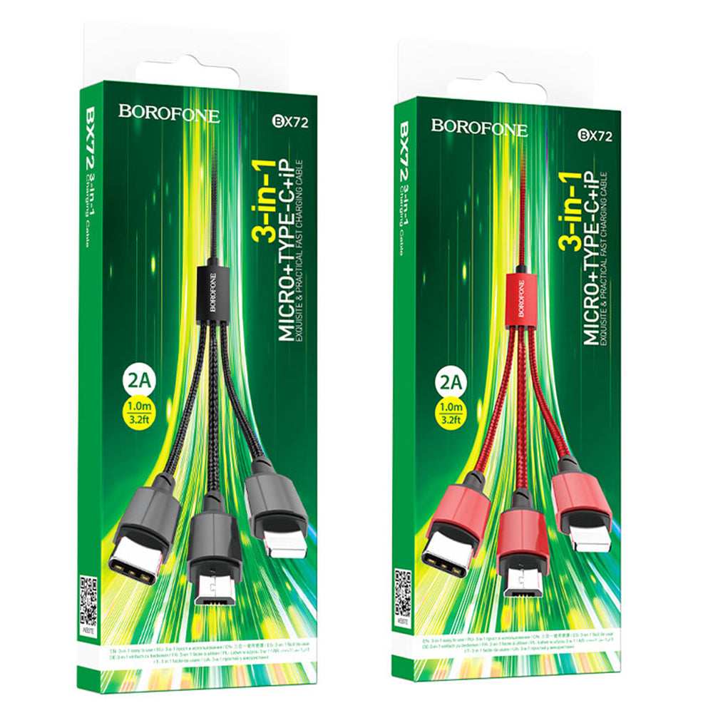 Cablu Incarcare USB-A - Lightning / microUSB / USB-C Borofone BX72, 18W, 1m, Negru