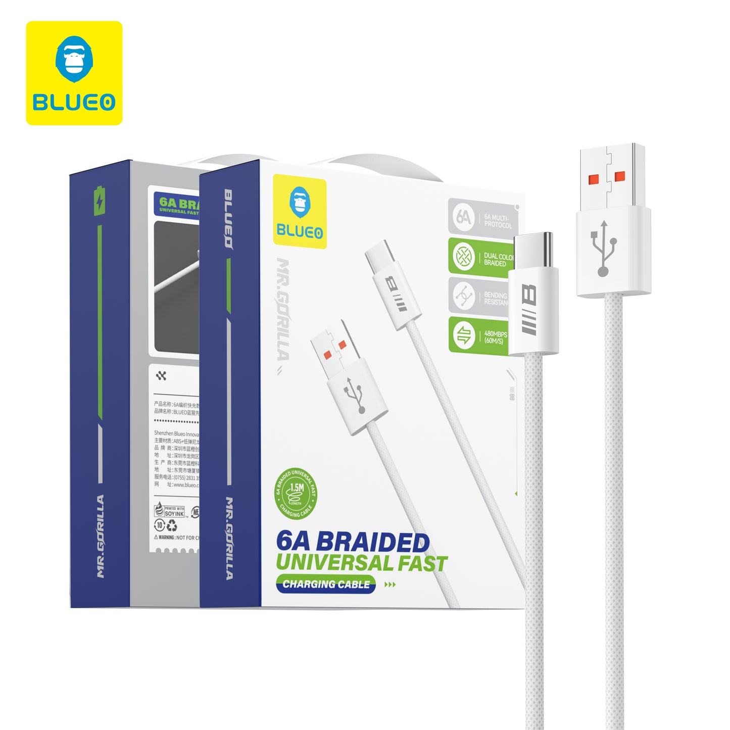 Cablu Date si Incarcare USB-A - USB-C Blueo, 18W, 1.5m, Alb