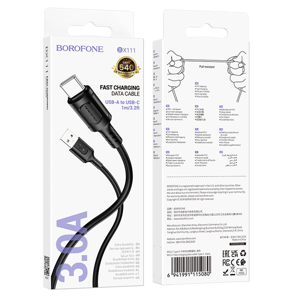 Cablu Date si Incarcare USB-A - USB-C Borofone BX111 Feliz, 20W, 1m, Negru