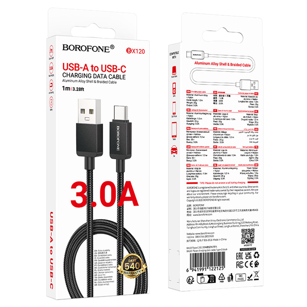 Cablu Date si Incarcare USB-A - USB-C Borofone BX120 Placer, 18W, 1m, Negru