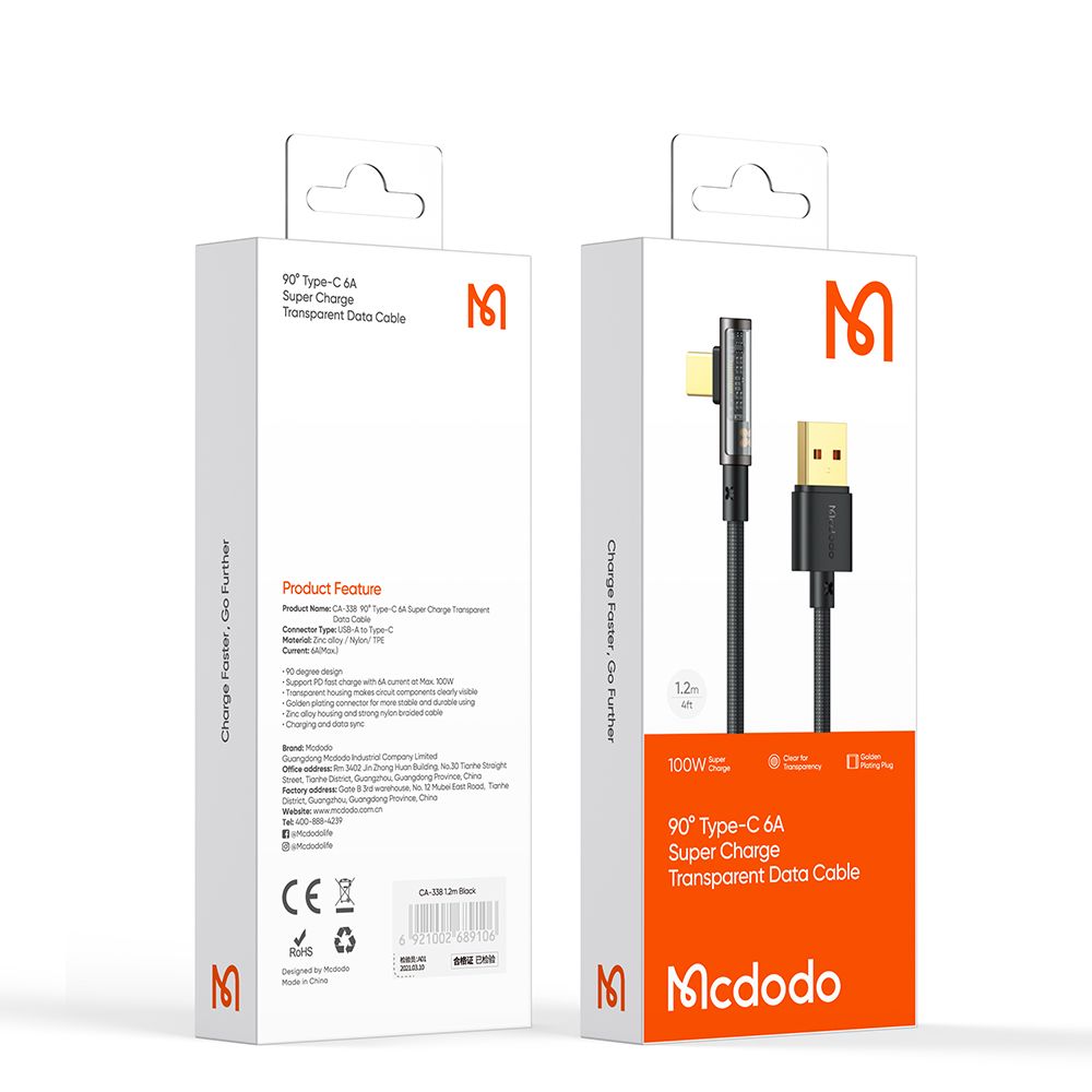 Cablu Date si Incarcare USB-A - USB-C McDodo CA-3380 Angled, 100W, 1.2m, Negru