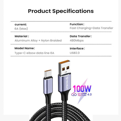 Cablu Date si Incarcare USB-A - USB-C Techsuit PCB018, 100W, 1m, Negru
