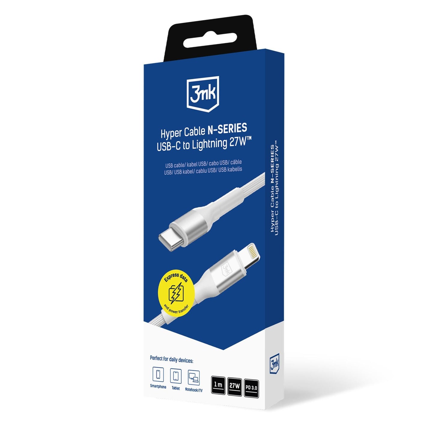 Cablu Date si Incarcare USB-C - Lightning 3MK Hyper N, 27W, 1m, Alb
