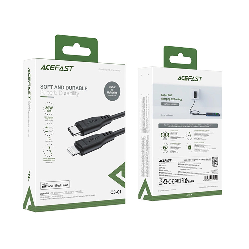 Cablu Date si Incarcare USB-C - Lightning Acefast C3-01, 30W, 1.2m, Negru