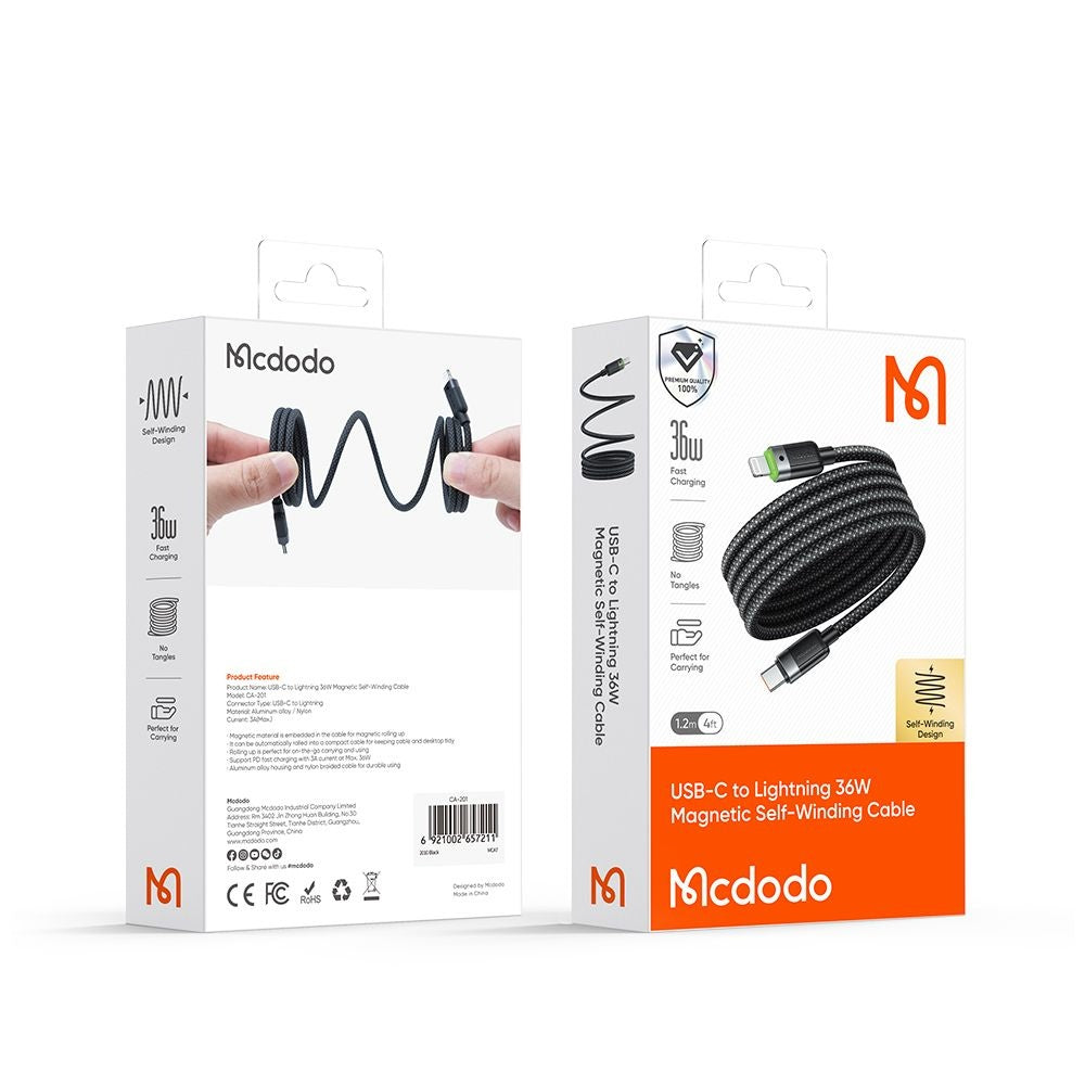 Cablu Date si Incarcare USB-C - Lightning McDodo CA-2010 Self Winding, 36W, 1.2m, Negru