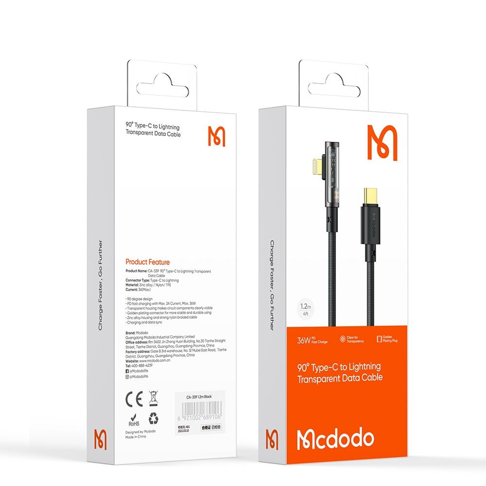Cablu Date si Incarcare USB-C - Lightning McDodo CA-3390 Angled, 36W, 1.2m, Negru