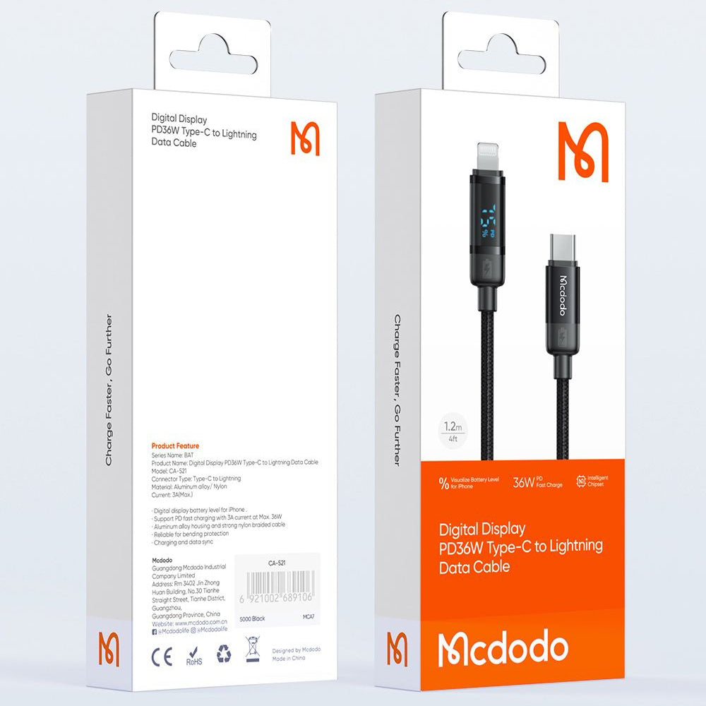 Cablu Date si Incarcare USB-C - Lightning McDodo CA-5210 Bat Display, 36W, 1.2m, Negru