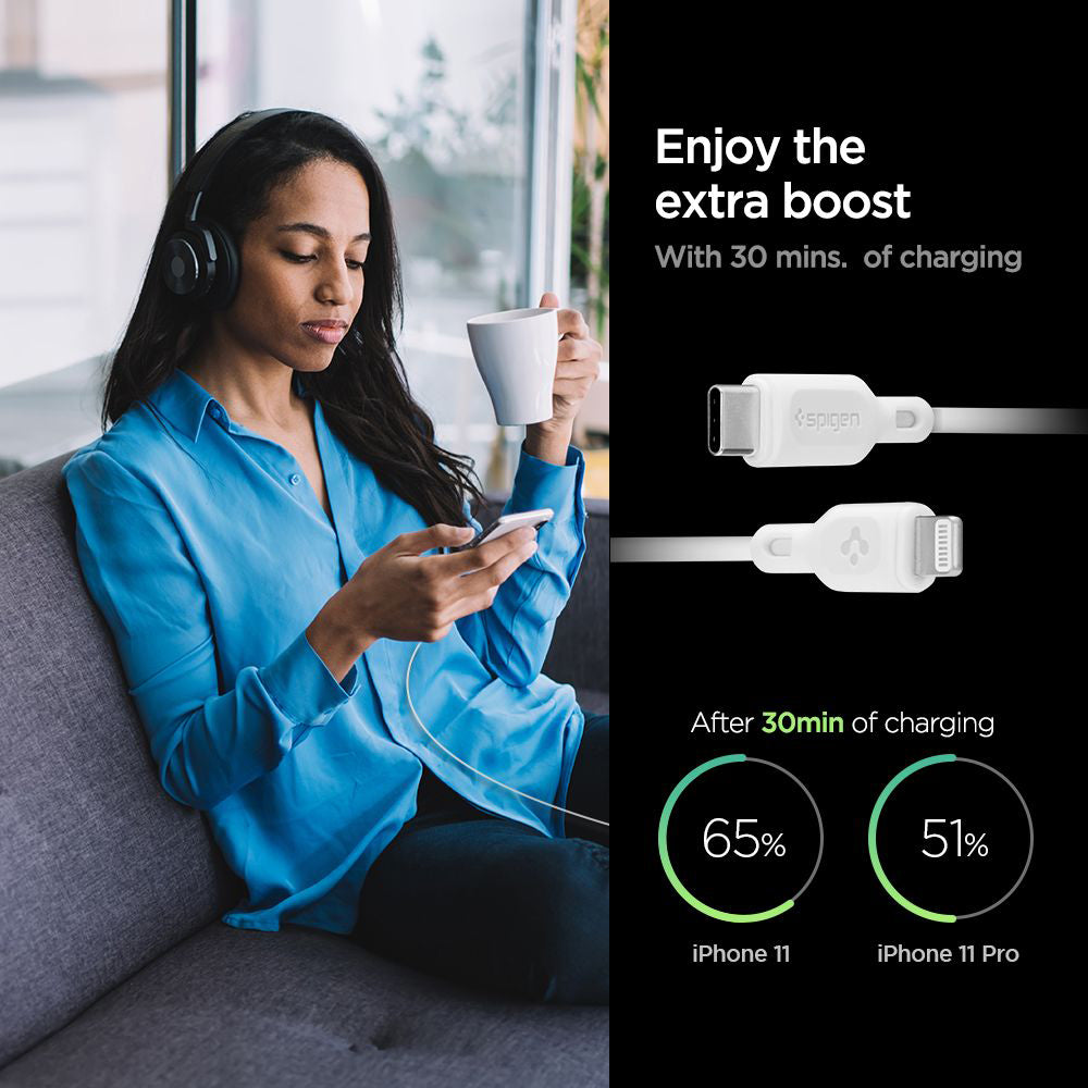 Cablu Date si Incarcare USB-C - Lightning Spigen Durasync, 20W, 1m, Alb, Set 2 bucati