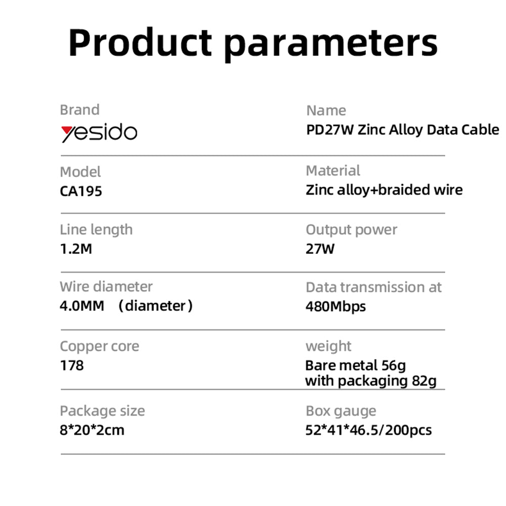 Cablu Date si Incarcare USB-C - Lightning Yesido CA195, 27W, 1.2m, Negru