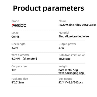 Cablu Date si Incarcare USB-C - Lightning Yesido CA195, 27W, 1.2m, Negru