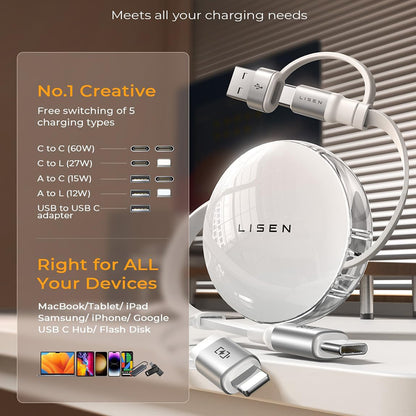 Cablu Date si Incarcare USB-C / USB-A - USB-C / Lightning Lisen, 60W, 1m, Alb YL0123030001