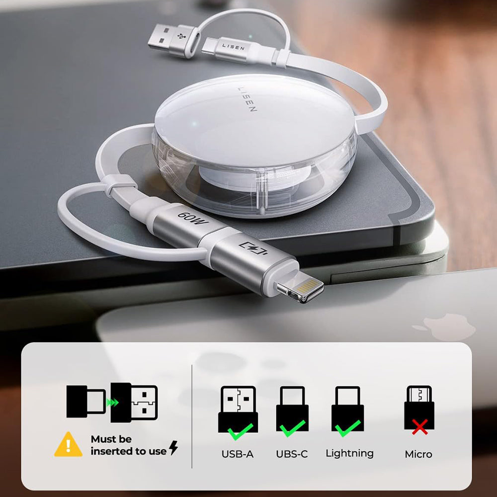 Cablu Date si Incarcare USB-C / USB-A - USB-C / Lightning Lisen, 60W, 1m, Alb YL0123030001
