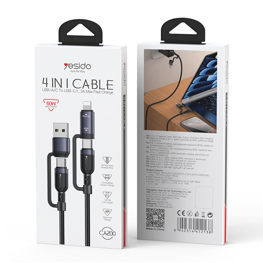 Cablu Date si Incarcare USB-C / USB-A - USB-C / Lightning Yesido CA200, 60W, 1.2m, Negru