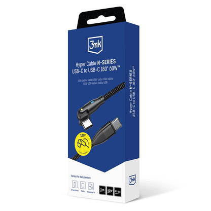 Cablu Date si Incarcare USB-C - USB-C 3MK Hyper N Angled, 60W, 2m, Negru