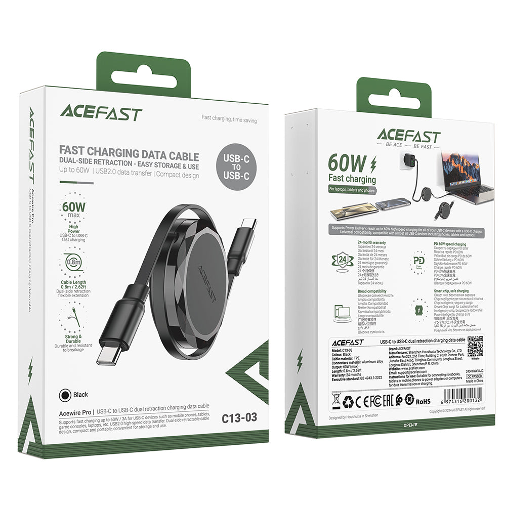 Cablu Date si Incarcare USB-C - USB-C Acefast C13-03, 60W, 0.8m, Negru