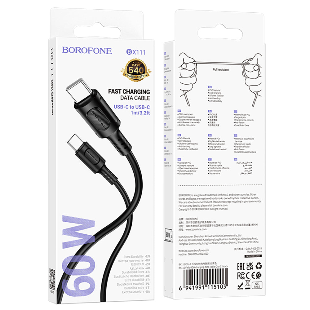 Cablu Date si Incarcare USB-C - USB-C Borofone BX111 Feliz, 60W, 1m, Negru