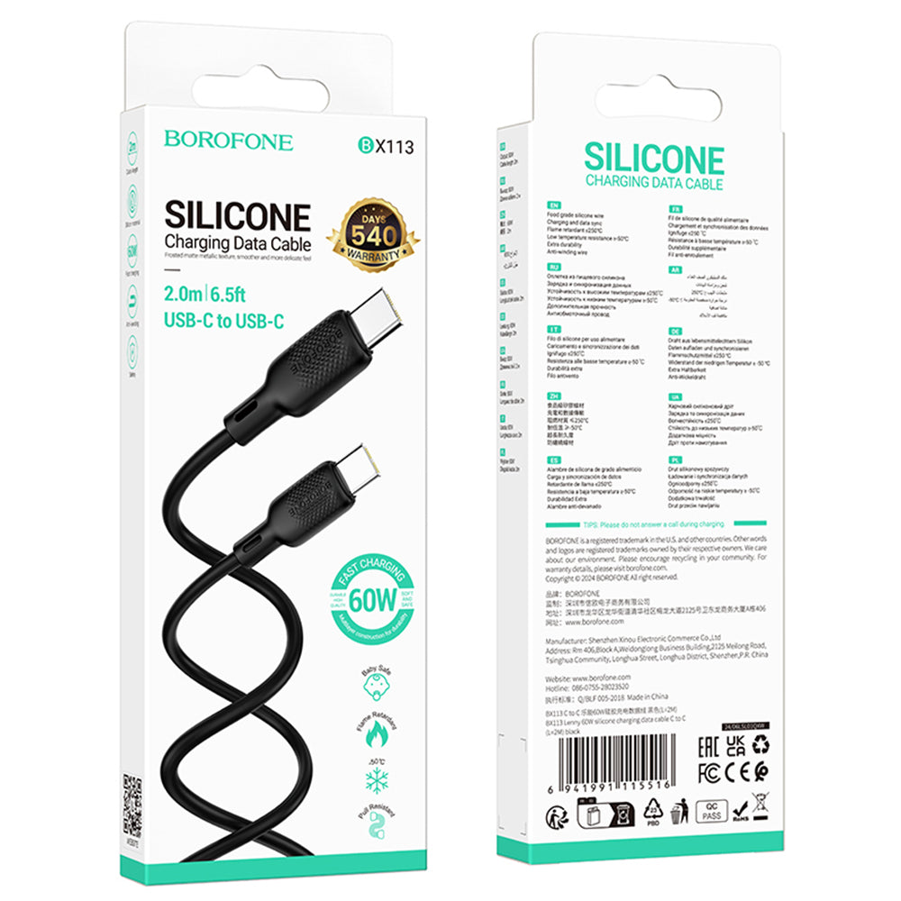 Cablu Date si Incarcare USB-C - USB-C Borofone BX113 Lenny, 60W, 2m, Negru