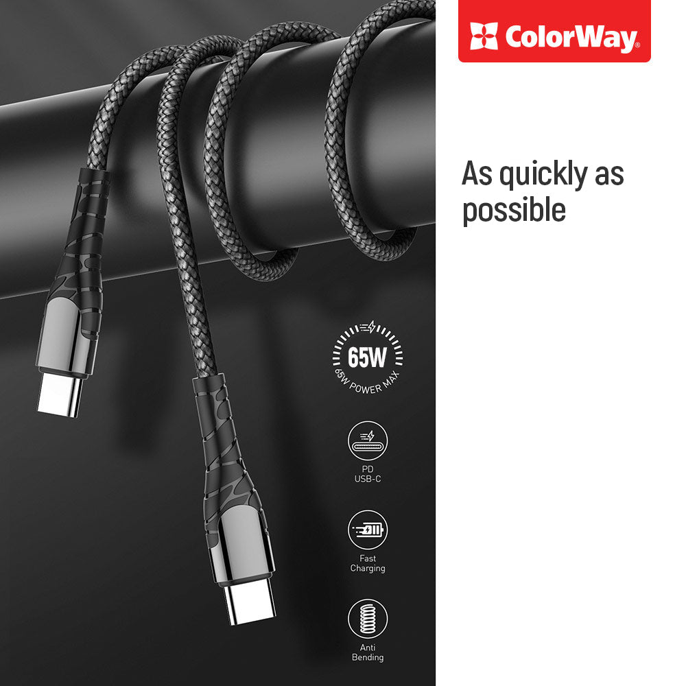 Cablu Date si Incarcare USB-C - USB-C ColorWay CW-CBPDCC040, 65W, 1m, Gri