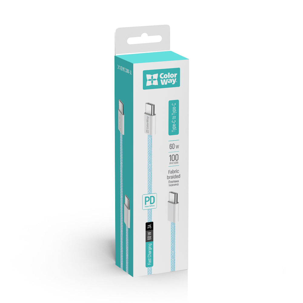 Cablu Date si Incarcare USB-C - USB-C ColorWay CW-CBPDCC061, 60W, 1m, Albastru